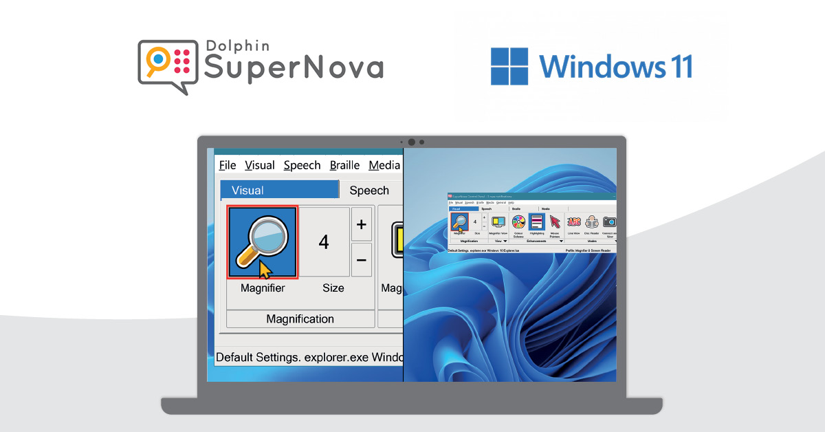 Dolphin SuperNova and Windows 11. Graphic of laptop with SuperNova in split screen mode on Windows 11.